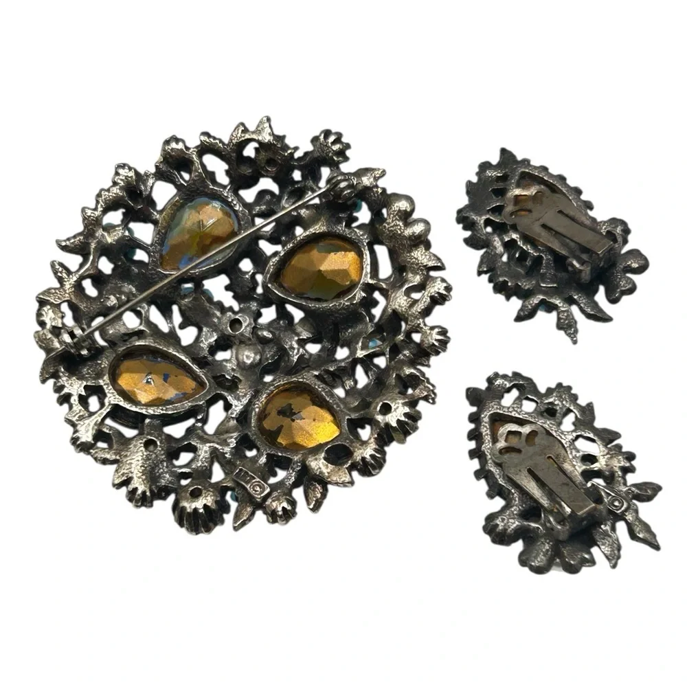 Vintage ART Arthur Pepper Floral Blue Rhinestone Brooch Earring Set
